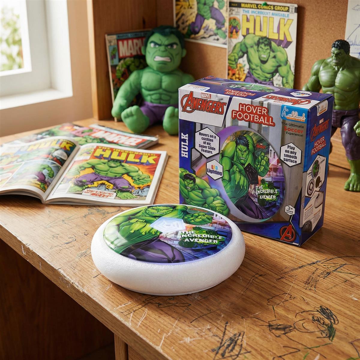 Marvel Hulk Theme Hover Soccer Ball for Kids - Air Power Football with LED Lights & Foam Bumpers - Indoor Disney Sports Toy for Boys & Girls - Safe, Interactive Superhero Play (Age 3-12)