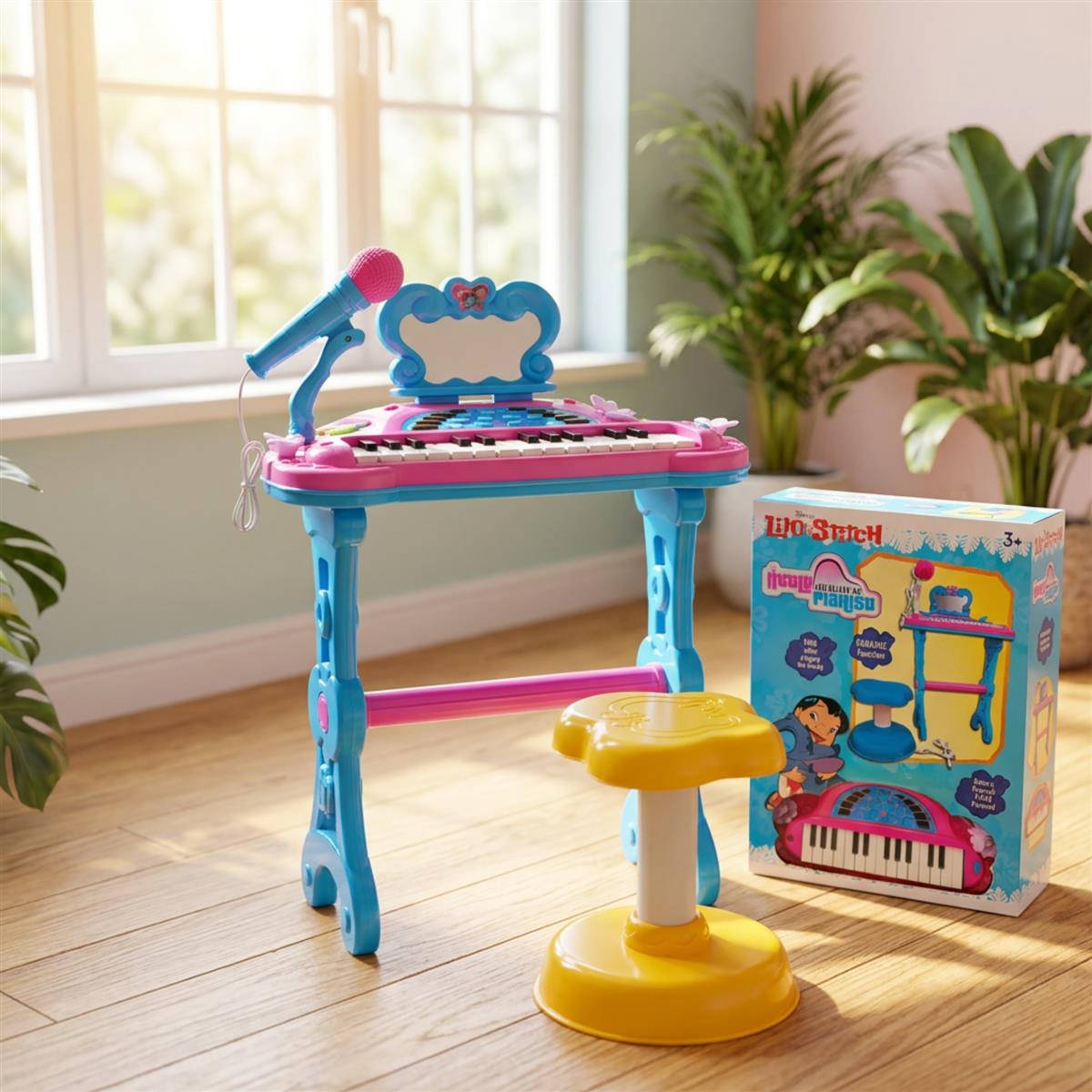 Disney Stitch Theme Little Pianist Keyboard Set for Kids - 25 Keys Piano with Microphone, Stool, & Dress-Up Accessories - Karaoke Function, USB/Battery Powered Musical Toy for Boys & Girls 3+
