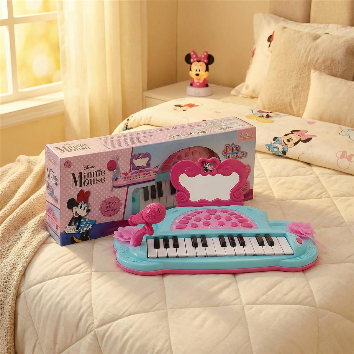 Minnie Theme Musician Music Set - 25 Key Piano with Microphone & Karaoke Function, 5 Percussion Instruments, Sound Effects & MP3 Connection, Educational Musical Toy for Girls 3+ Years, Pink