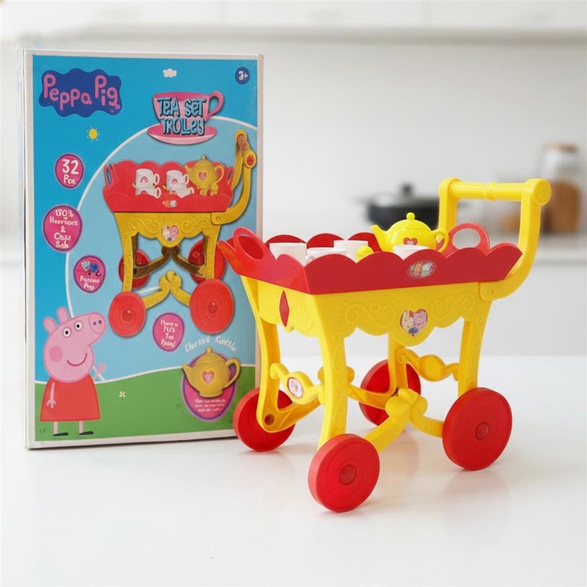 Hasbro Peppa Pig Tea Trolley Set - 32 Pcs Pretend Play Kitchen Toy with Electronic Kettle, Lights & Sound - Interactive Pink Tea Cart, Educational Gift for Kids & Toddlers Age 3+