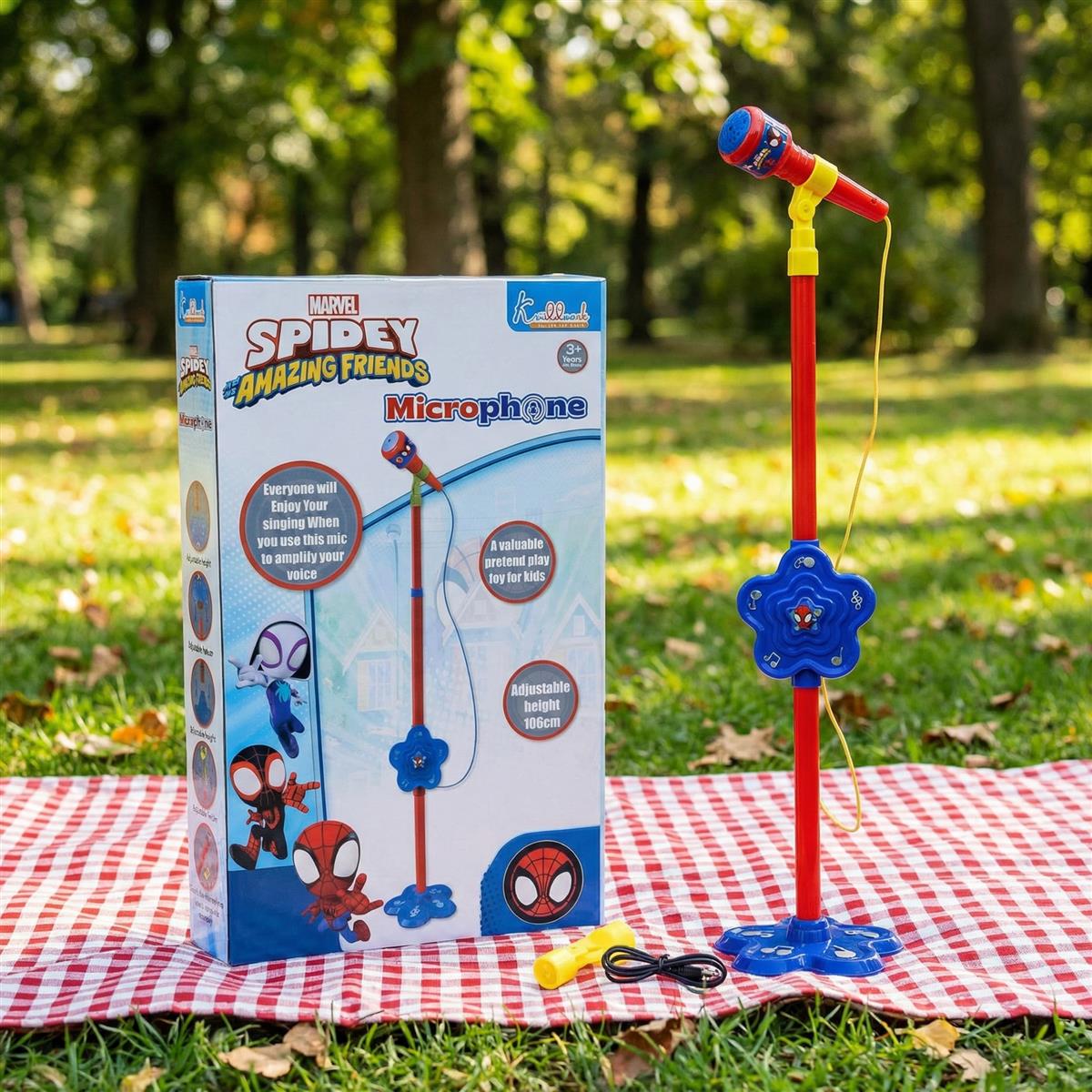 Spiderman Microphone Stand for Kids - Portable Karaoke Set with Adjustable Stand (up to 106cm), Bluetooth & USB Connectivity - Musical Singing Toy for Boys & Girls Age 3+