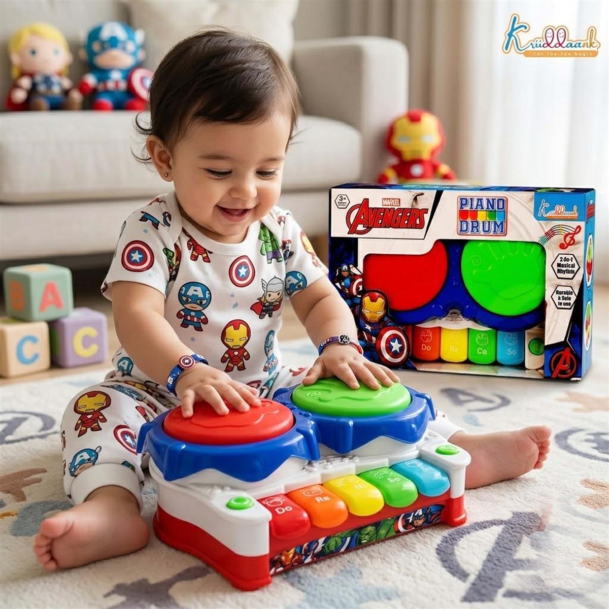 Marvel Avengers 2-in-1 Piano Drum Musical Toy for Kids | Interactive Electric Instrument with 3D Lights & Music | Educational Birthday Gift for Boys & Girls 3+ Years | Durable & Safe Play