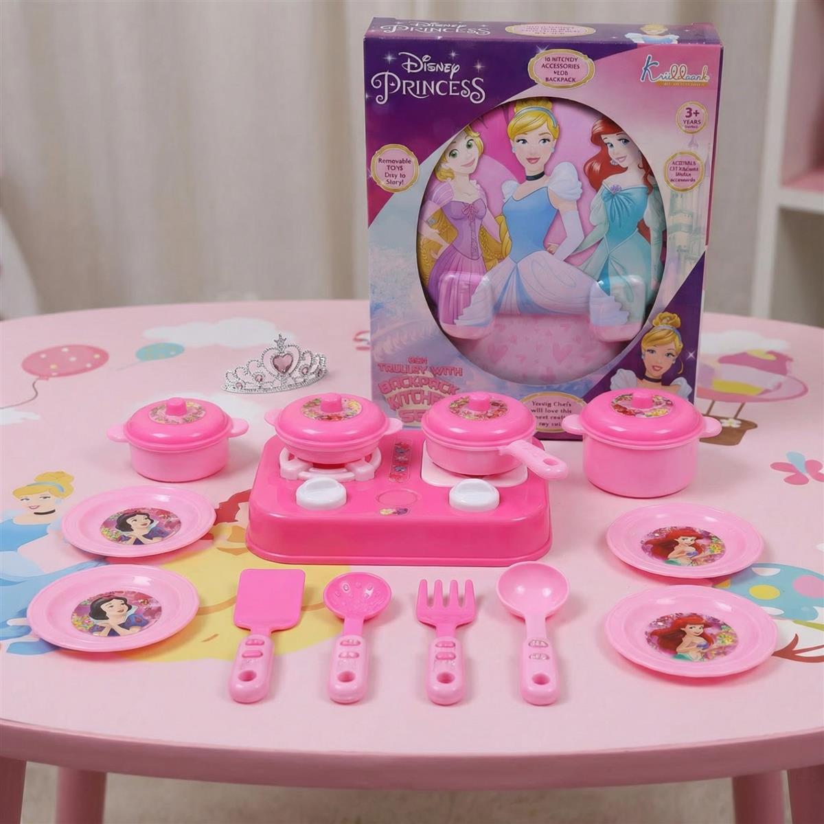Kriiddaank Princess Backpack Kitchen Set for Kids - 21 Pcs Pretend Play Cooking Toy with Music, Portable Travel Carry Case Playset for Girls 3+ Years Old (Pink, Non-Electric)
