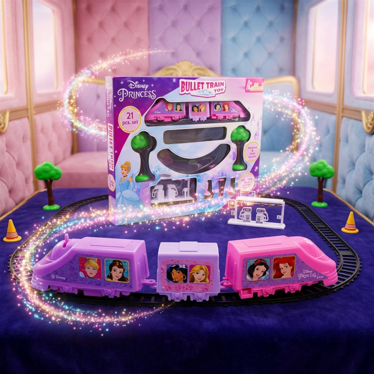 Kriiddaank Princess Train Set for Girls - 21 Pcs Battery Operated Bullet Train with Sound Effects, Easy-to-Assemble Tracks, Educational Motor Skills Toy for Kids 3+ Years, Pink