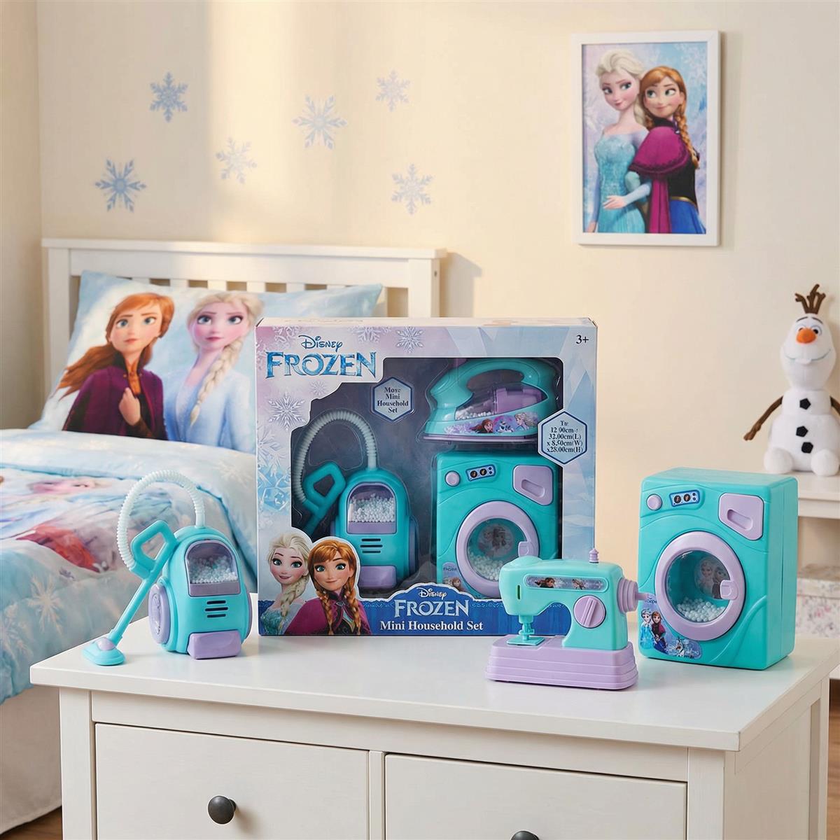 Frozen Theme Household 4pc Role Play Set - Includes Washing Machine, Vacuum Cleaner, Iron & Hair Dryer | Battery Operated Lights & Interactive Play | Non-Toxic Educational Toy for Kids 3+ Years