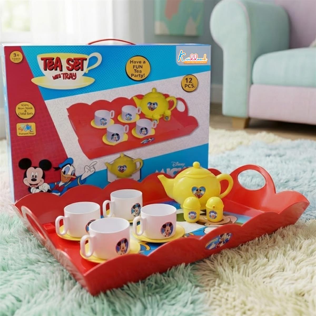 Disney Mickey Mouse Tea Playset - 12-Piece Kids Tea Party Set with Electronic Kettle, Boiling Sound & Light Effects - Educational Pretend Play Kitchen Toy for Toddlers, Boys & Girls Aged 3+ Years