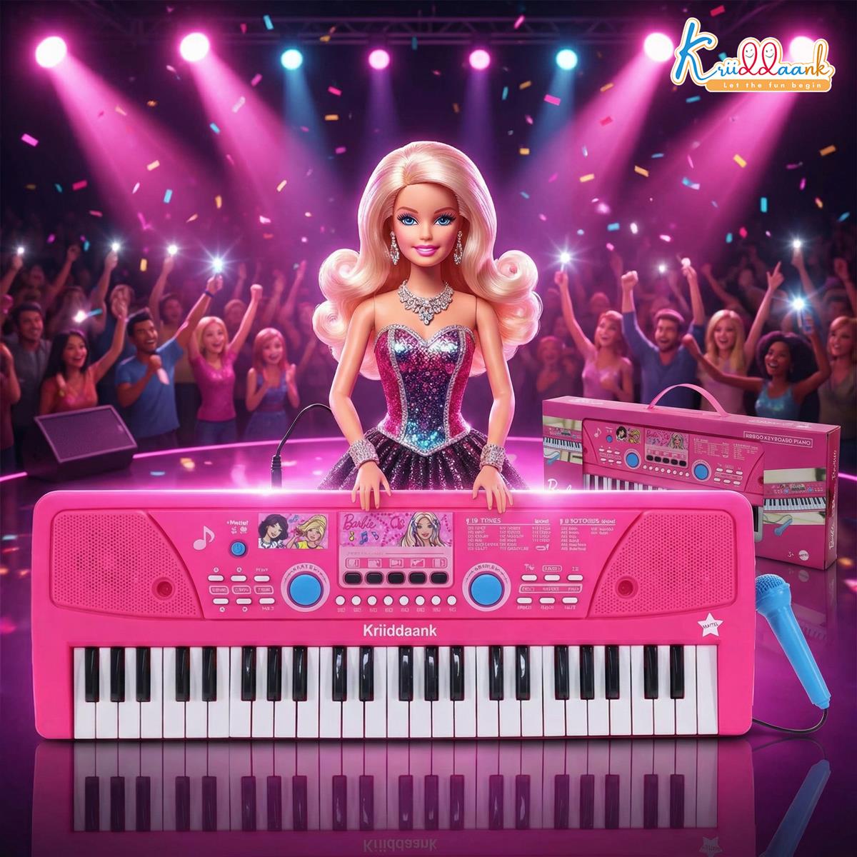 Barbie 50 Keys Musical Keyboard Piano for Kids with Microphone, 16 Rhythms, 8 Instrument Sounds, 16 Tones, Dual Power (USB/Battery), Learning & Educational Toy for Girls Age 3+, Pink