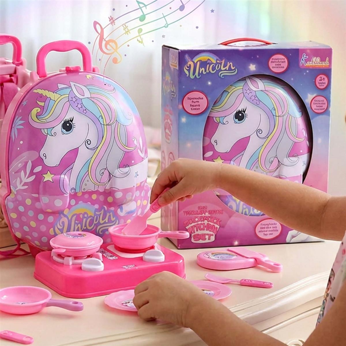 Kriiddaank Unicorn Backpack Kitchen Set for Kids - 21 Pcs Pretend Play Cooking & Baking Toy with Music - Portable Chef Suitcase Gift for Girls & Boys Age 3+ - Educational Role Play Kitchen Kit