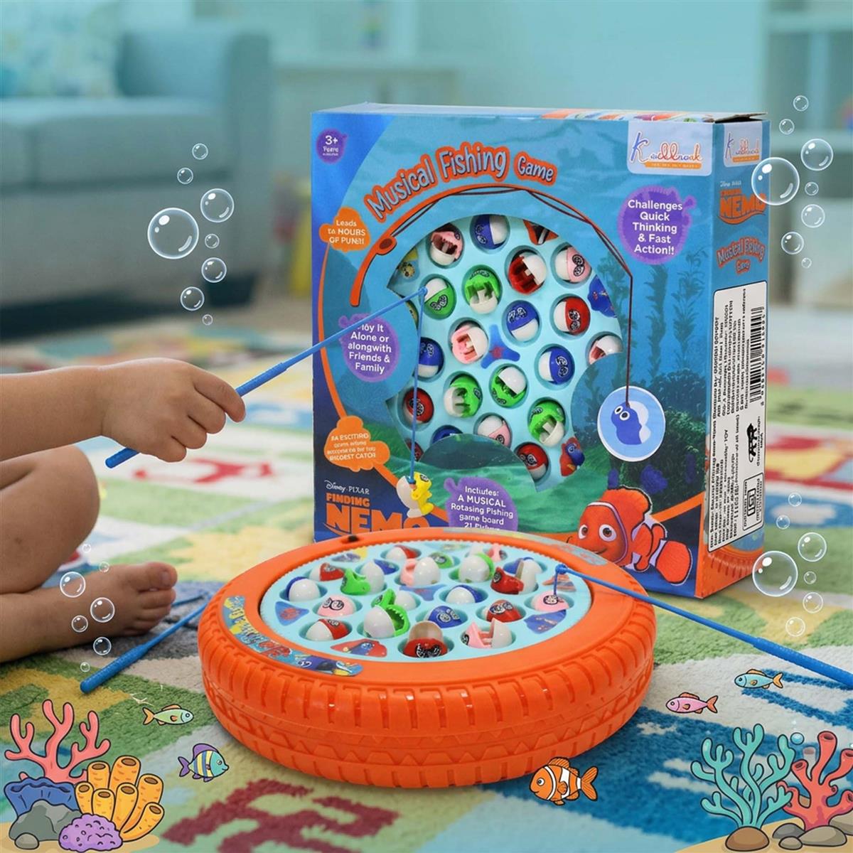 Kriiddaank Nemo Theme Musical Fishing Game - Battery Operated Rotating Board with 21 Fishes & 4 Fishing Poles - Educational & Interactive Learning Toy for Kids Ages 3+ (Multicolor)