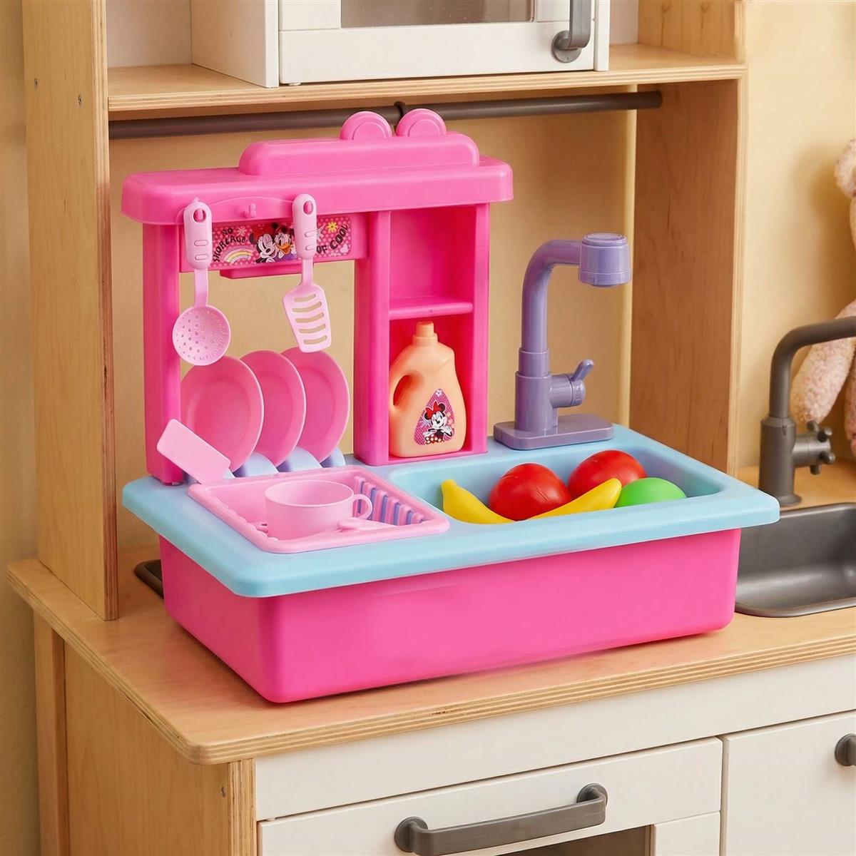 Kriiddaank Minnie Toy Kitchen Sink for Kids - Pretend Play Sink with Electric Faucet & Running Water, 22-Piece Kitchen Accessories Set, Pink Role Play Toy Set for Toddlers and Girls 3+ Years