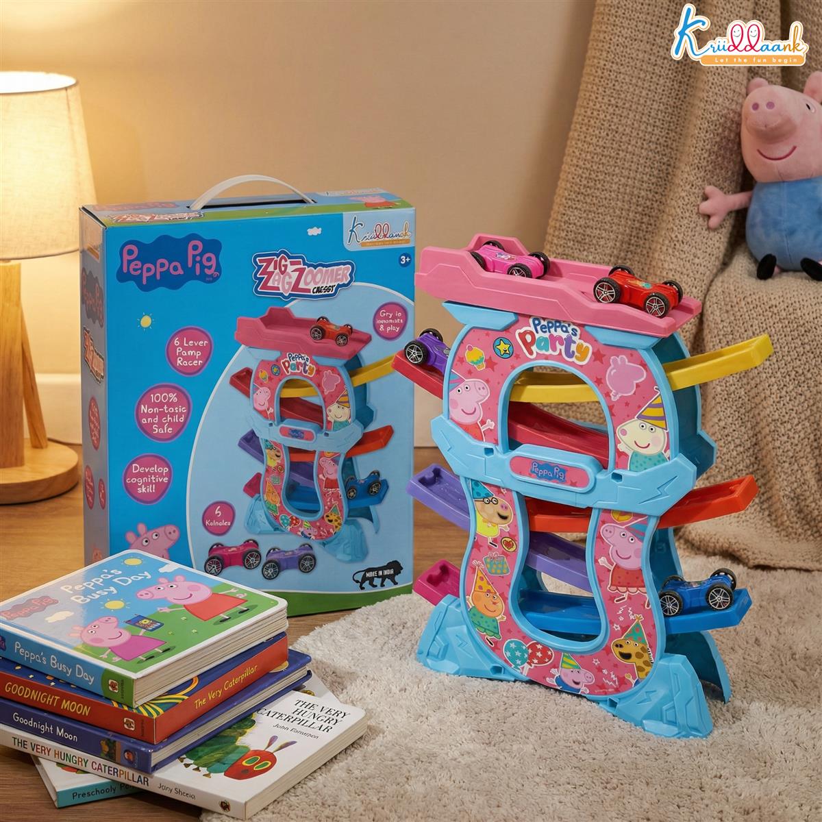 Peppa Zig Zag Zoomer Ramp Racer Car Track for Toddlers | 6-Level Racing Set with 4 Mini Vehicles | 15 Pieces Easy Assembly | Non-Toxic Educational Toy for Kids 3+ Years