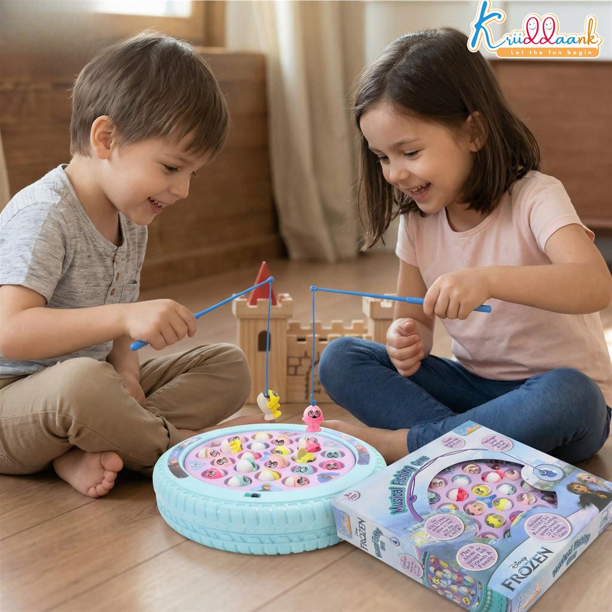Frozen Musical Fishing Game for Kids - Battery Operated Rotating Toy with 21 Fish & 4 Fishing Poles | Educational & Interactive Learning Toy for Boys & Girls Ages 3+ | Turkish Blue