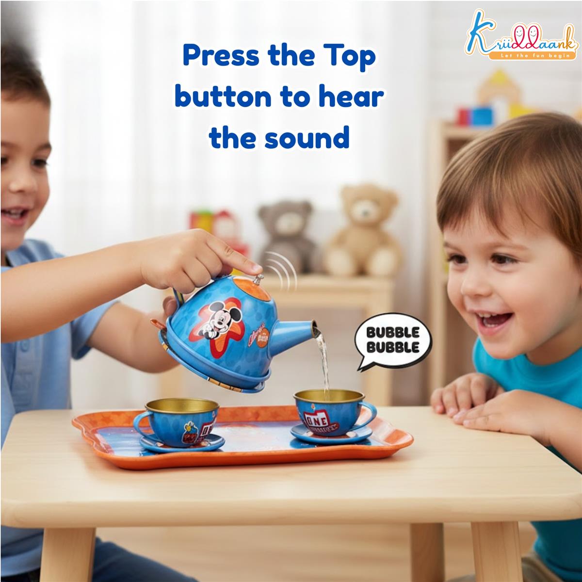 Disney Mickey 14-Piece Childrenâ€™s Tin Tea Set - Junior Pretend & Play Kitchen Toy for Kids 3+ Years Old - Includes Cups, Saucers, Tray & Coasters - Durable Metal Play Set for Boys & Girls