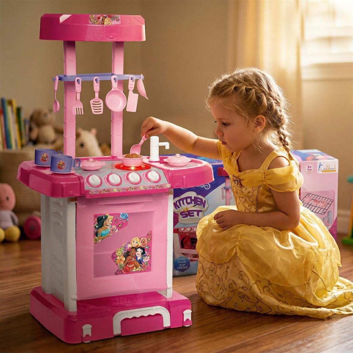 Disney Princess Theme Kitchen Set for Kids - Interactive Cooking Playset with Oven, Sink, Lights & Sounds - Pretend Play Chef Set with 18 Accessories - Pink Kitchen Toy for Girls 3+ Years