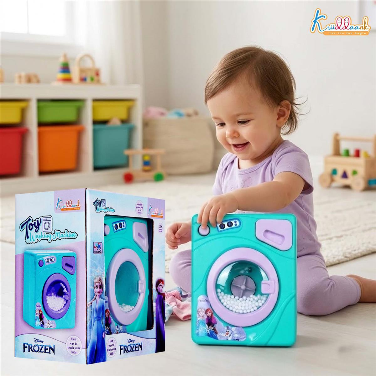 Frozen Family Mini Washing Machine Toy for Toddlers - Interactive Home Appliance with Lights & Sounds, Educational Pretend Play Laundry Set for Kids Ages 3+, Battery Operated (Turkish Blue)