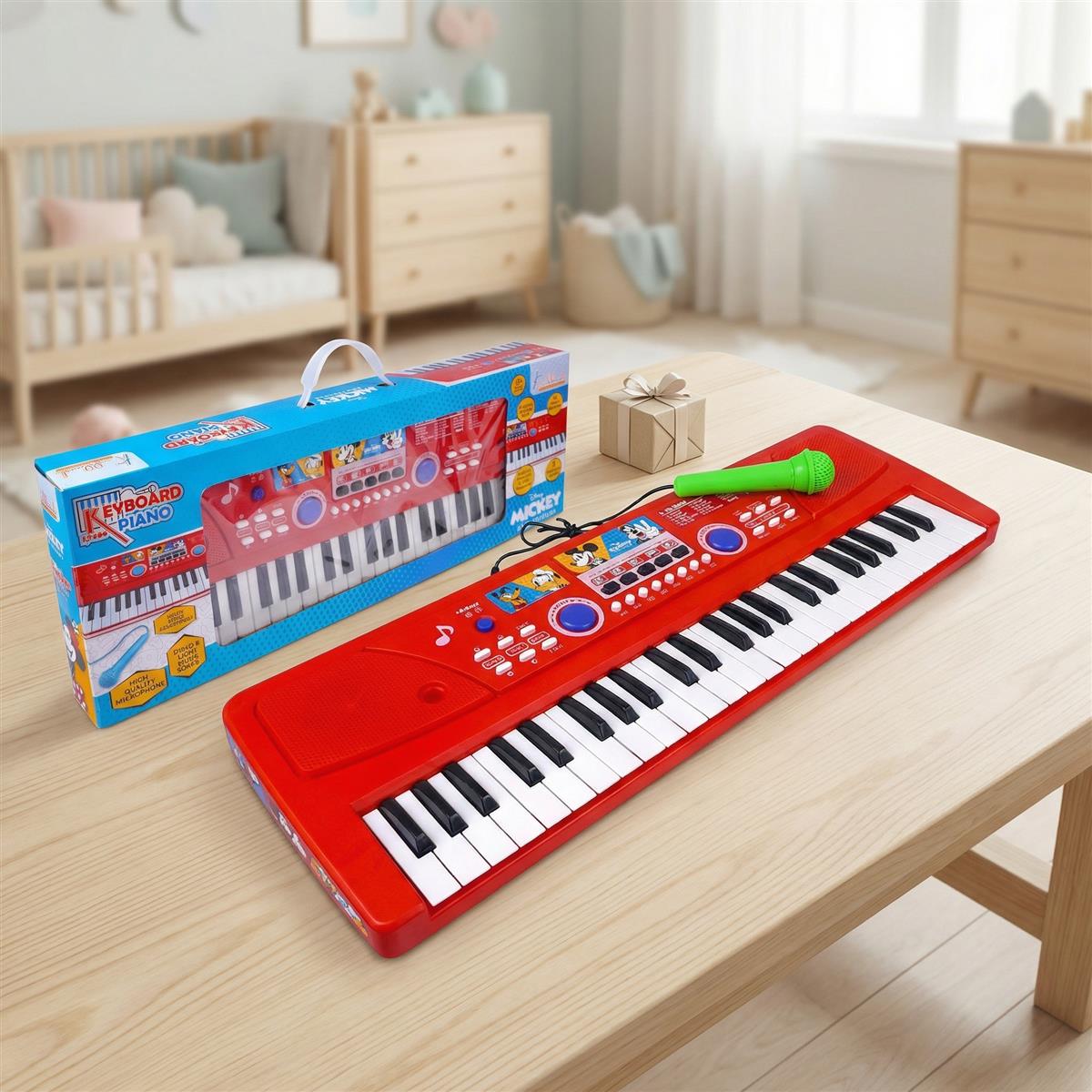 Mickey Theme Kids Keyboard Piano with Microphone - 37 Keys, 8 Instrument Sounds, 16 Rhythms, Dual Power (USB/Battery), Educational Musical Toy for Toddlers Boys Girls Age 3+ - Red KD-500-MK