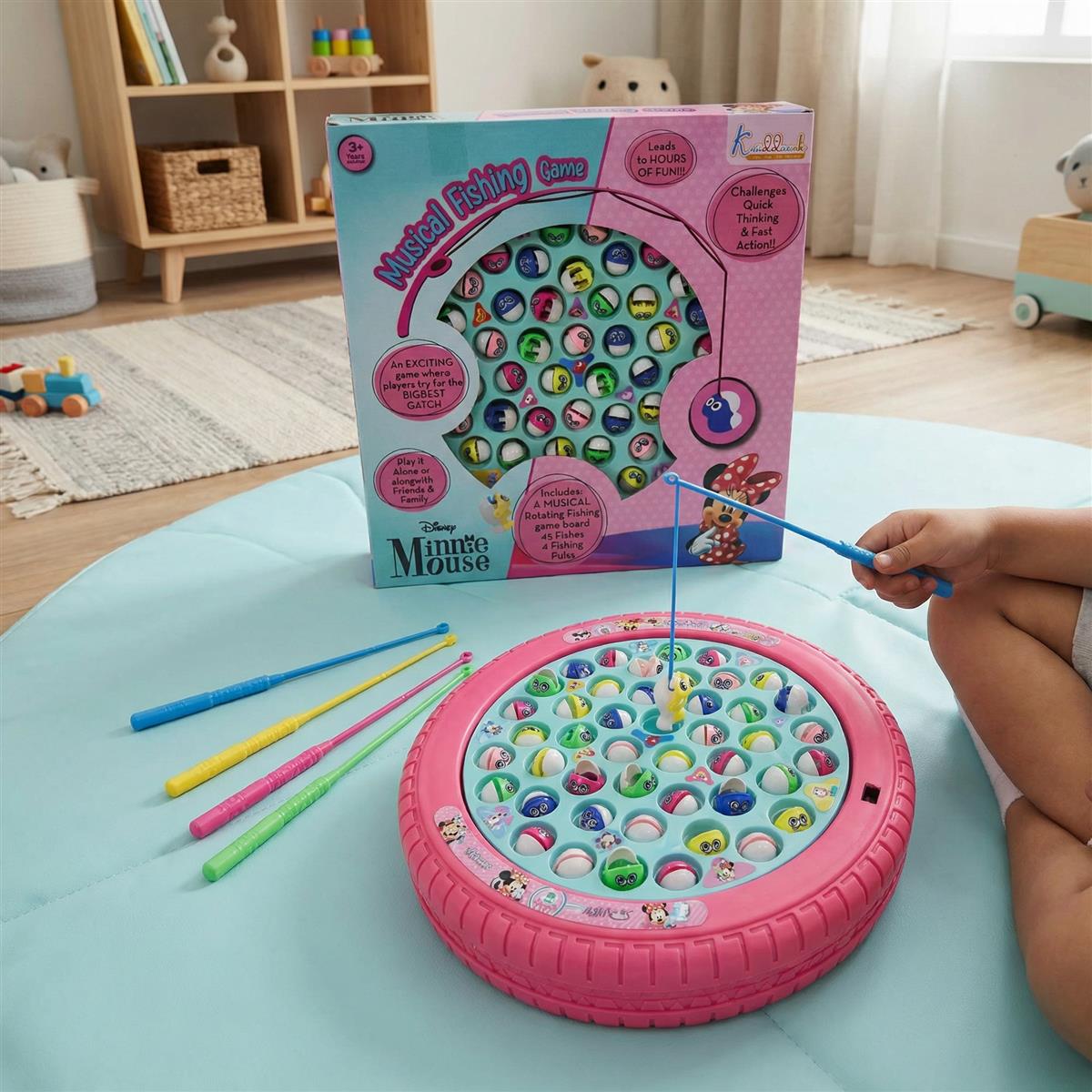 Minnie Musical Fishing Game - Electronic Rotating Board with 45 Fishes & 4 Poles, Ocean Theme Battery Operated Toy, Educational Pink Fishing Game for Kids & Toddlers, Ages 3+