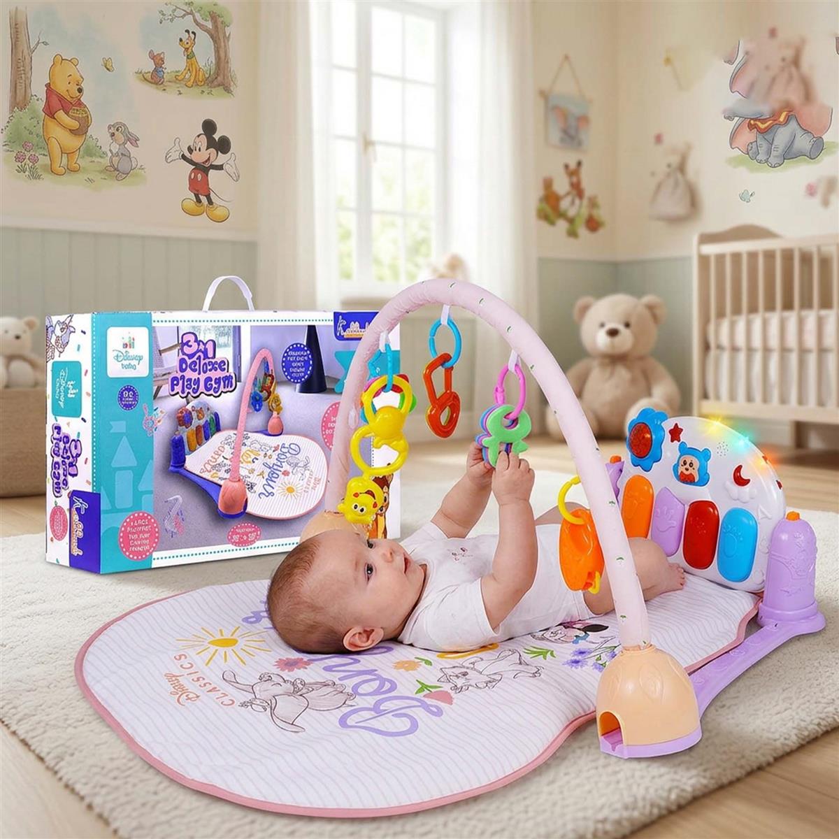 Classic Theme Musical Baby Gym for Infants with Piano Keyboard, Lights & Hanging Toys | Disney Classic Activity Play Mat for 0-3 Years | Sensory Development Floor Gym for Boys & Girls (Multicolor)