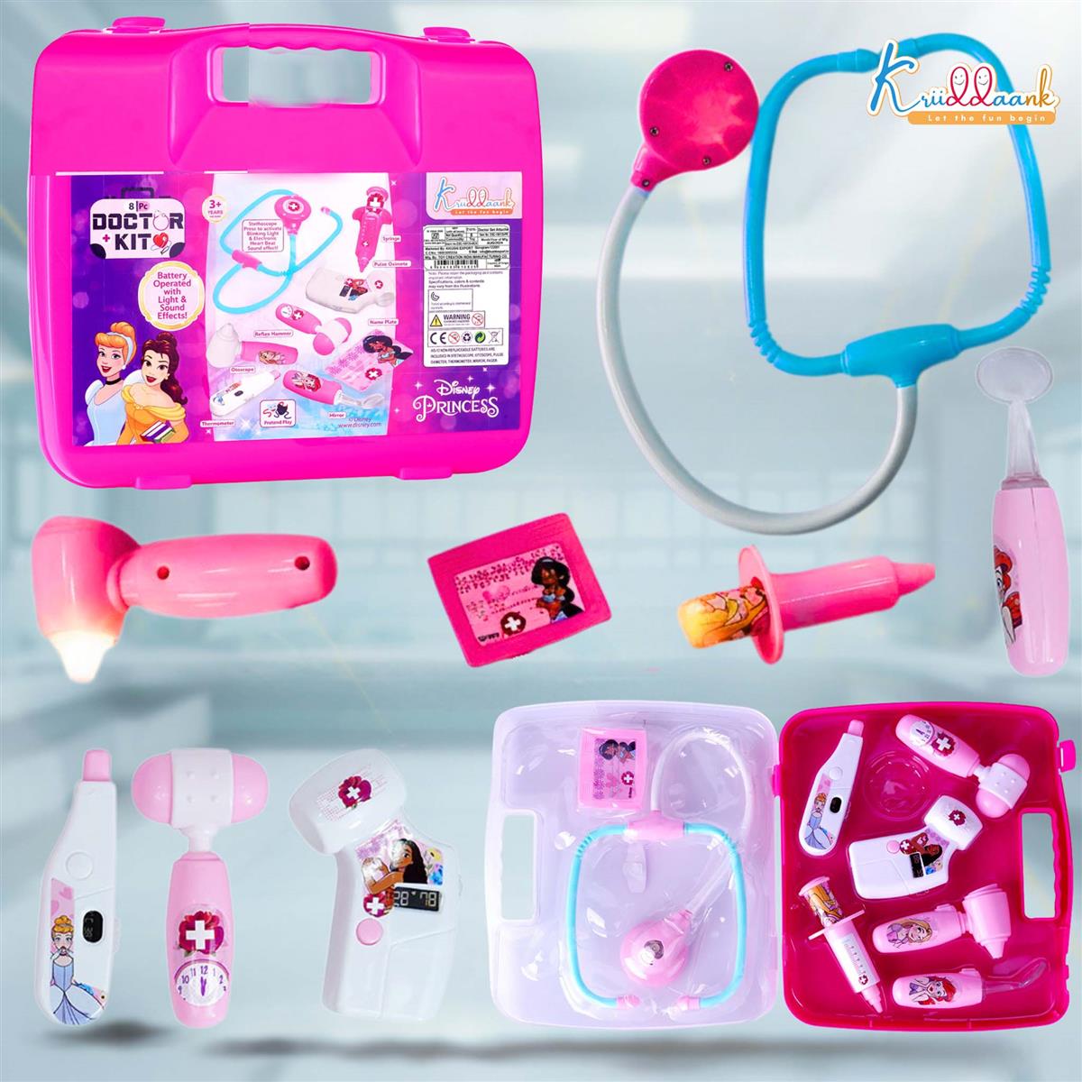 Disney Princess Theme Doctor Set for Girls with Elsa, Belle & Cinderella - 9-Piece Medical Kit with Lights & Heartbeat Sounds, Pretend Play Toy for Kids Ages 3+, Educational & Safe, Pink