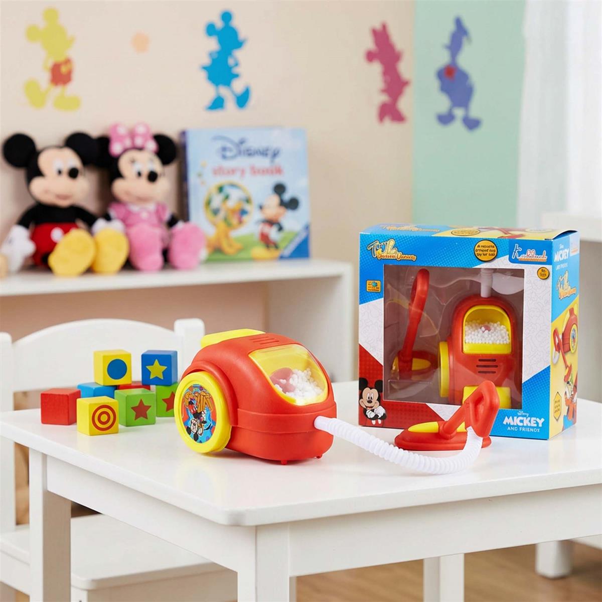 Mickey Theme Mini Vacuum Cleaner for Kids - Educational Pretend Play Toy with Realistic Vibration & Lights - Fun Housekeeping Learning Toy for Toddlers & Disney Fans, 3+ Years (Red)