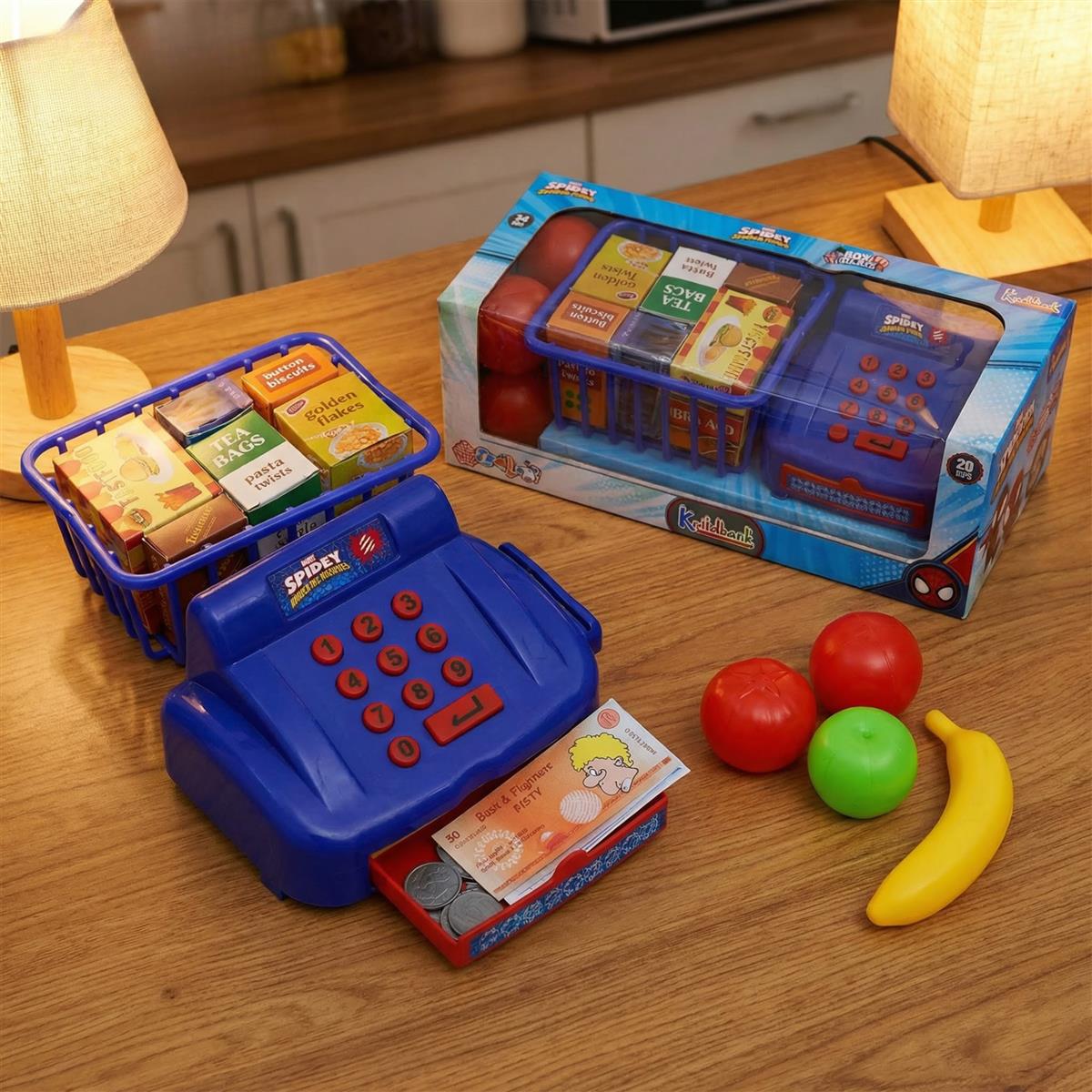 Spiderman Cash Register Toy for Kids with Sound Effects & Credit Card Scanner - 29 Piece Pretend Play Supermarket Set - Educational Math & Money Learning Toy for Boys & Girls 3+ Years
