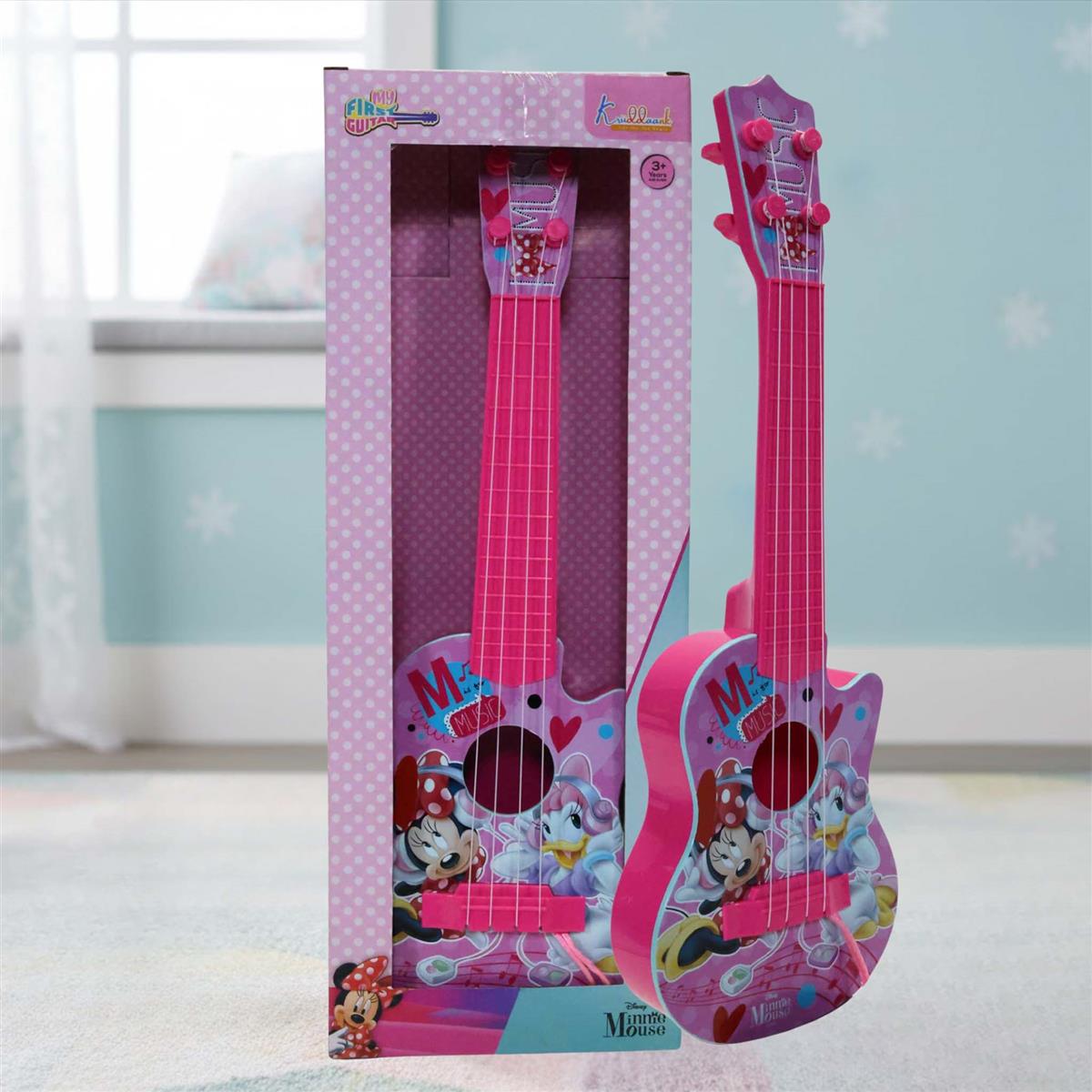 Minnie Mouse Theme 4-String Toy Guitar for Girls - Lightweight & Durable Educational Musical Instrument for Toddlers - Pink Disney Character Guitar for Kids Ages 3+, 43cm