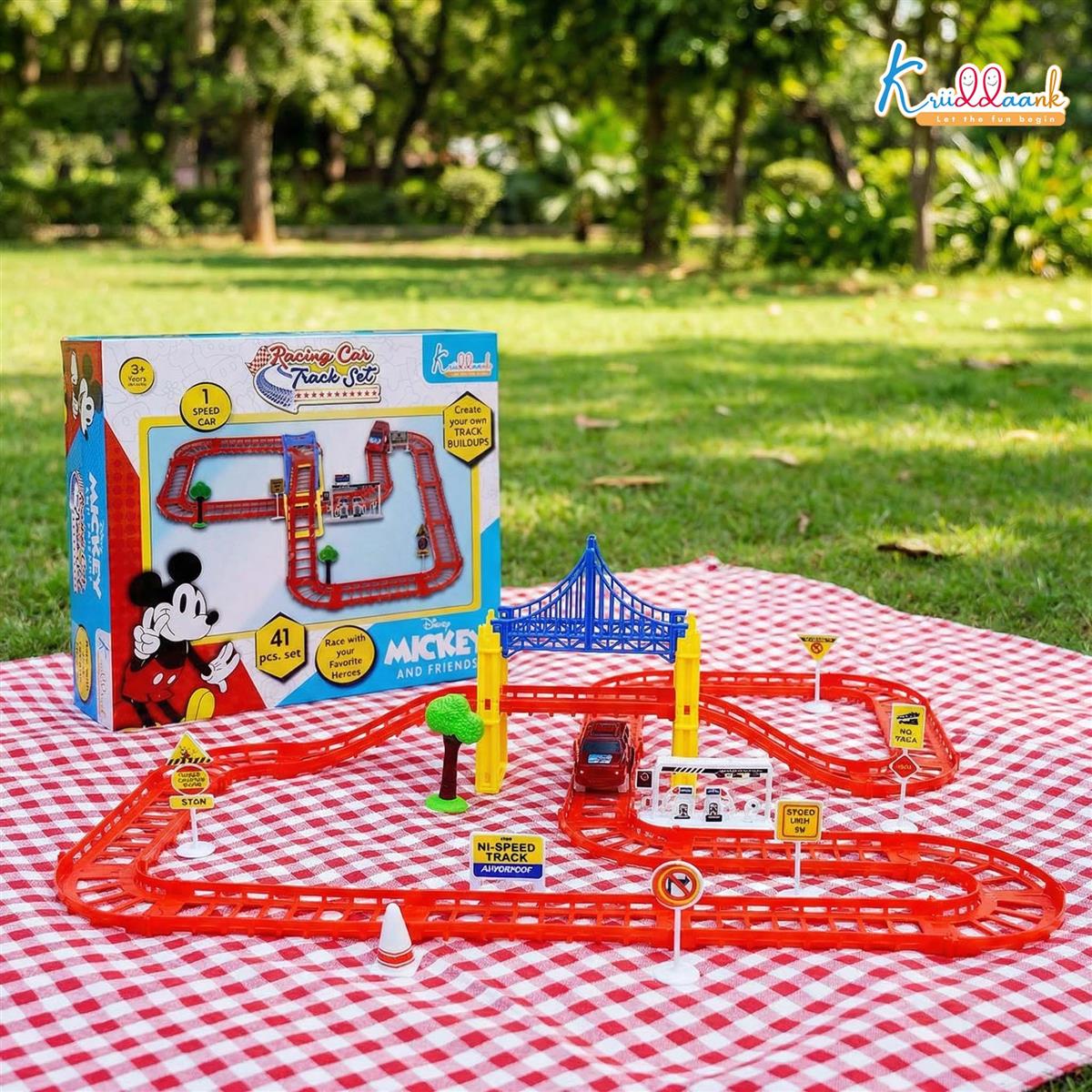 Disney Mickey Mini Track Small (41 Pcs) Racing Set - Battery Operated Car Track with Bridges, Roads & Signs - Educational Play Toy for Kids 3+ Years - Red/Multicolor Playset