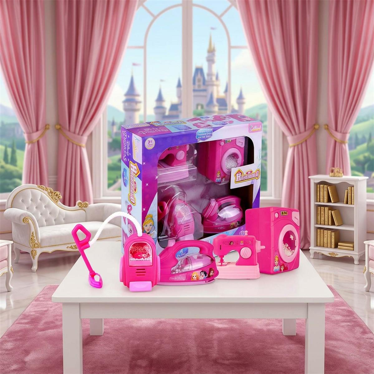 Disney Princess Theme 4pc Household Role Play Set - Includes Toy Washing Machine, Vacuum Cleaner, Iron & Hair Dryer - Educational & Fun Pretend Play Home Decoration Kit for Kids Ages 3+