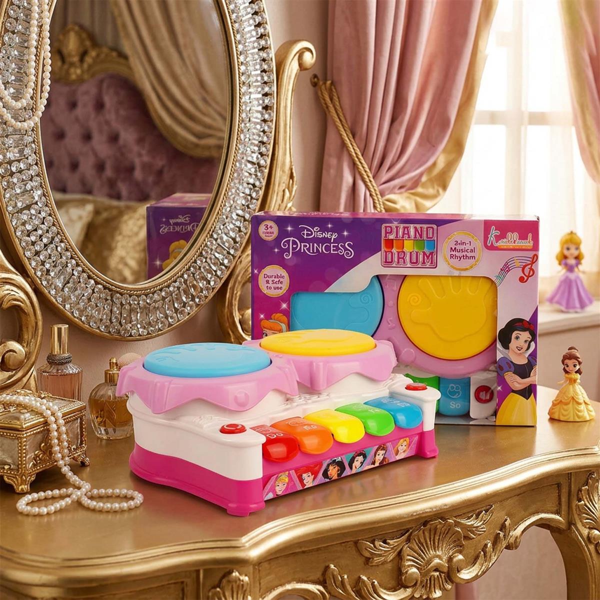 Disney Princess Piano Drum Playset - Interactive Electronic Musical Toy with 3D Lights & Sound for Kids 3+ Years Old - Fun Educational Rhythm Instrument, Perfect Birthday Gift for Toddlers & Girls