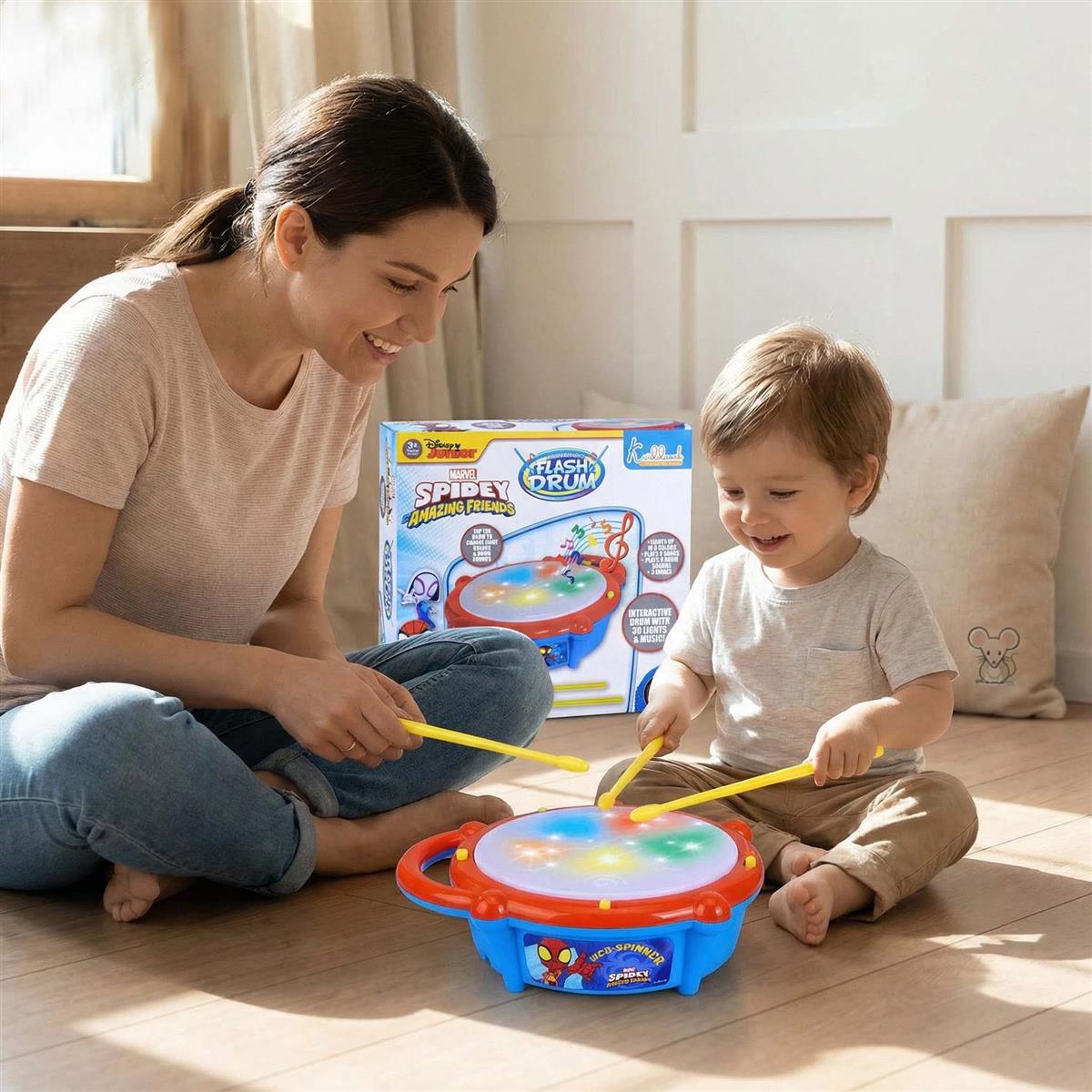 Marvel Spiderman Theme Flash Drum for Kids - Interactive Musical Toy with 5-Color 3D Lights & 9 Songs - Superhero Gift for Boys & Girls 3+ Years - Safe, Educational & Engaging Play