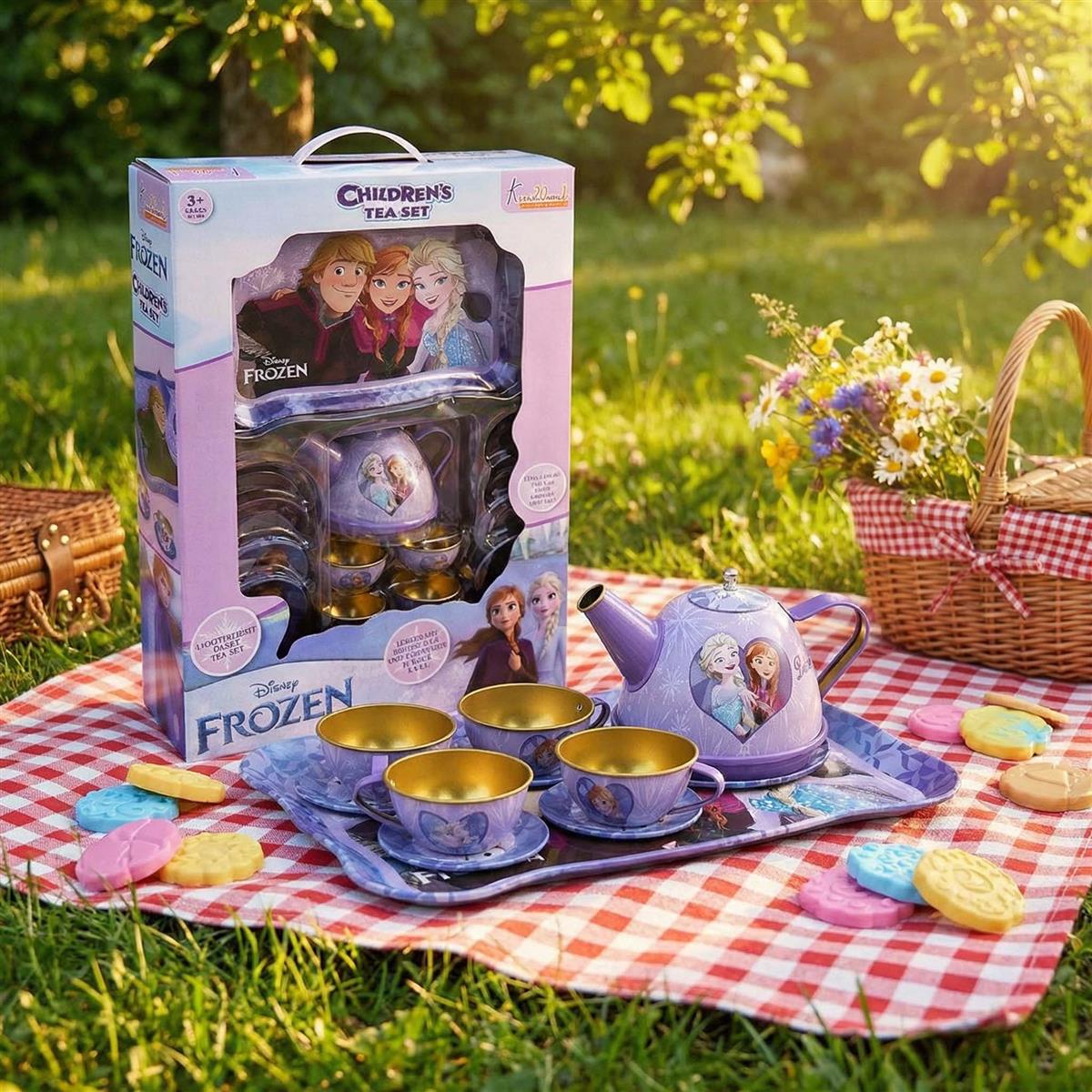 Disney Frozen Elsa & Anna 14-Piece Tin Plate Tea Set for Girls - Fun Pretend Play Tea Party Toy - Durable, Lightweight & Safe Role Play Kit for Kids, Ages 3+