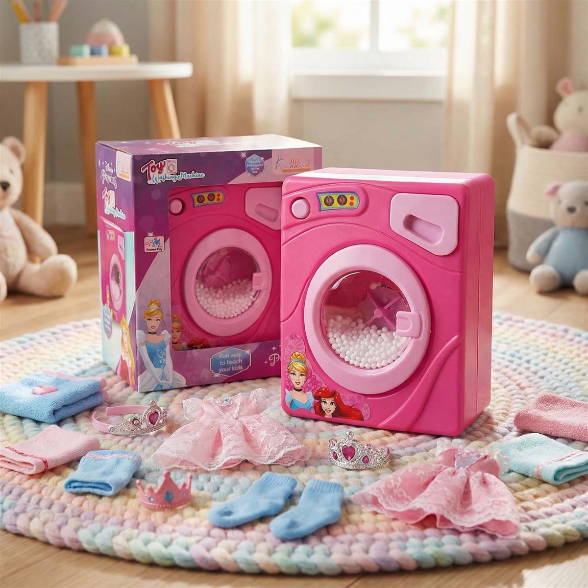 Disney Princess Interactive Family Washing Machine Toy for Toddlers - Battery Operated Housekeeping Toy with Lights & Rotating Action - Educational Pretend Play Home Appliance for Kids 3+ (Pink)
