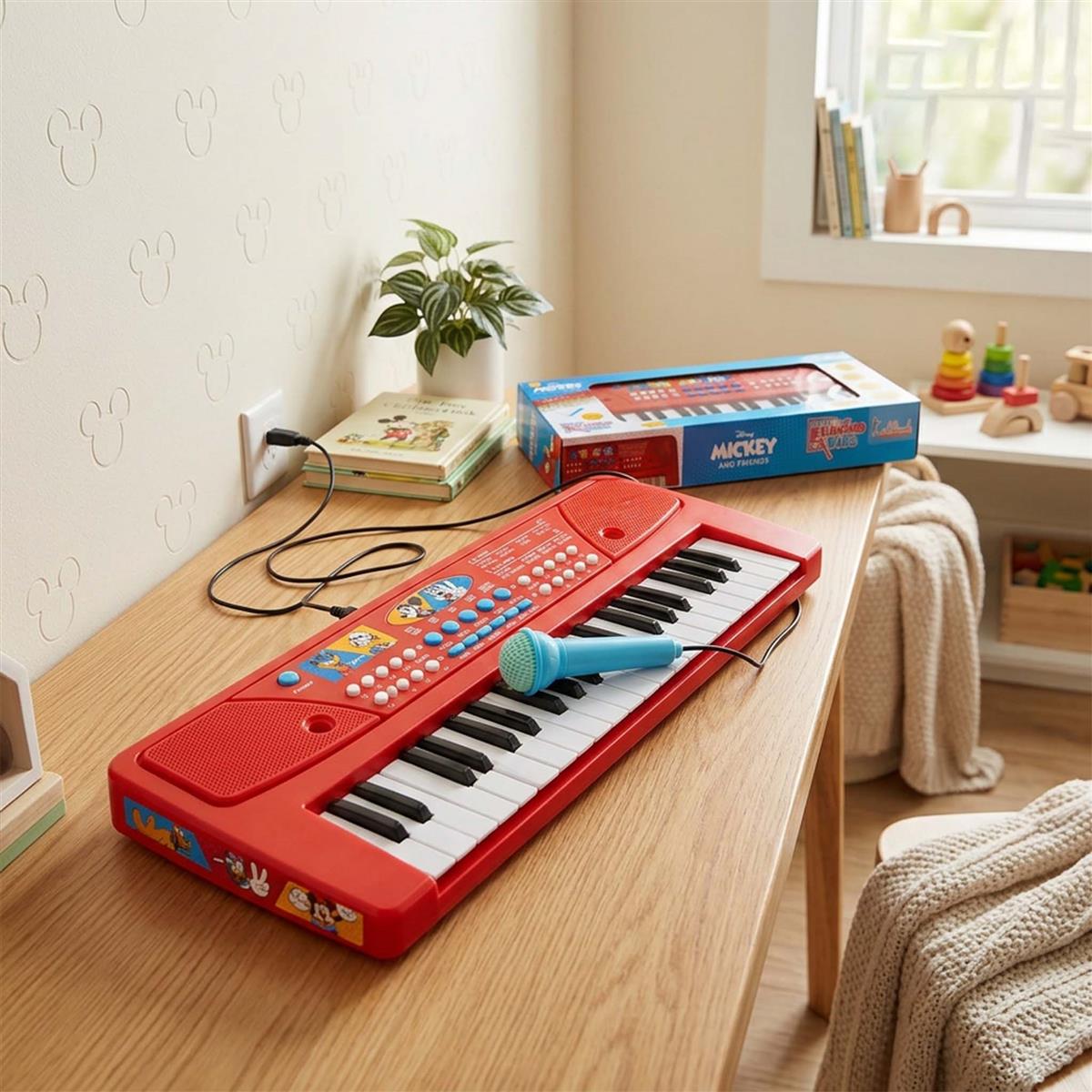 Mickey 37-Key Keyboard Piano for Kids with Microphone | 8 Rhythms & 8 Instrument Sounds, USB & Battery Powered | Musical Educational Toy for Boys & Girls Age 3+ - Red