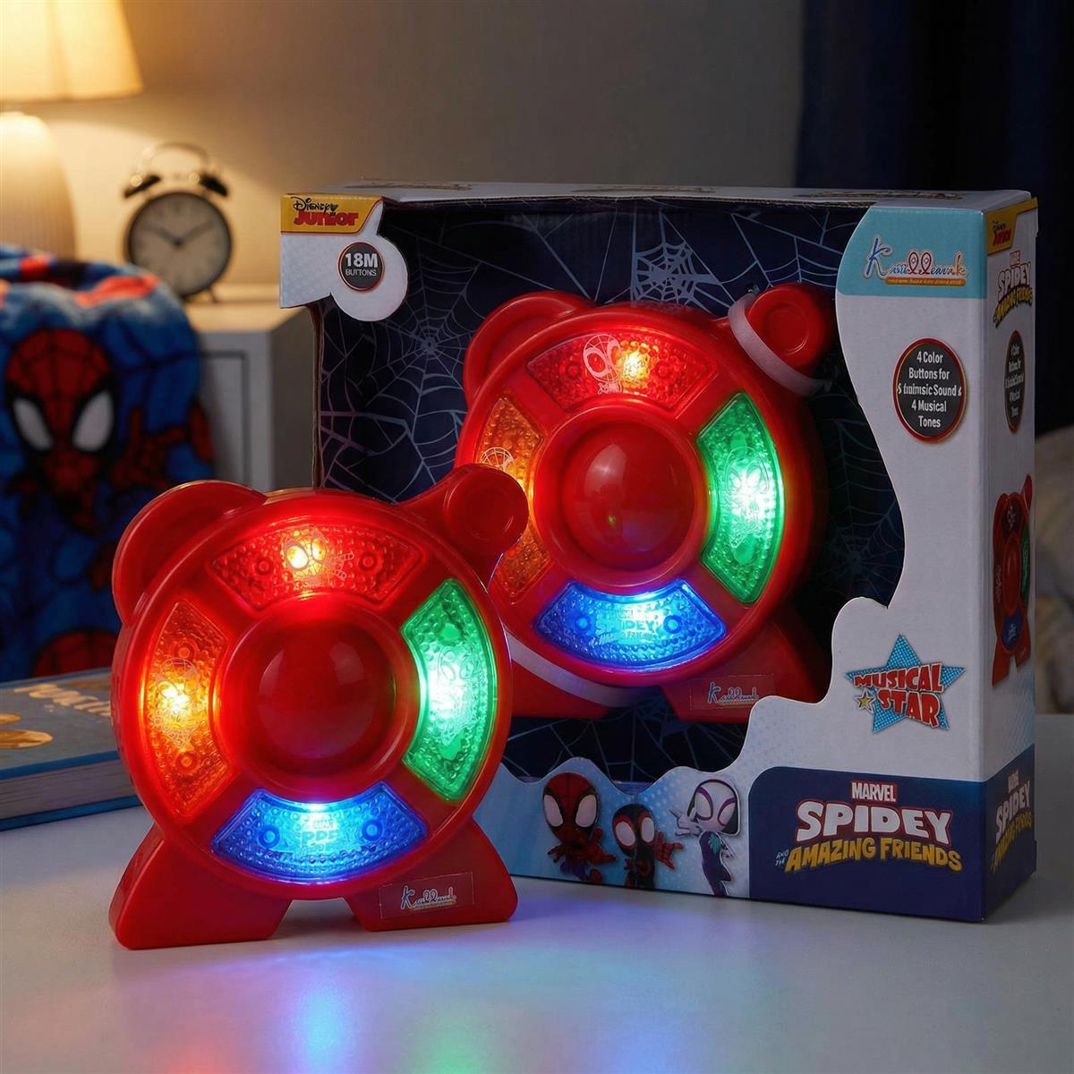Spiderman Theme Portable Music Star System for Kids â€“ Interactive Pocket-Sized Sound Toy with 4 Animal & Musical Tones â€“ Battery Operated Safe & Durable Educational Toy for 3+ Year Olds