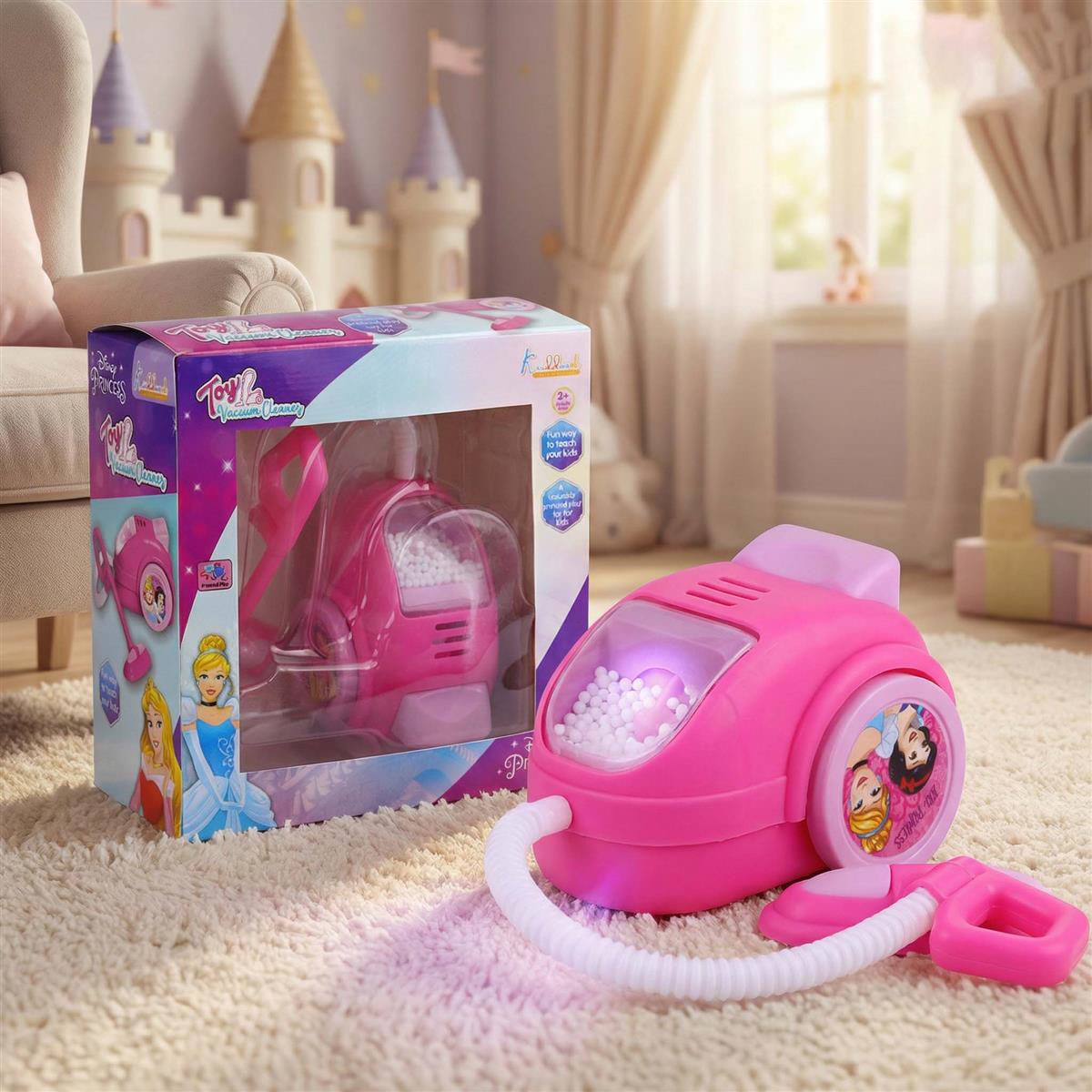 Disney Princess Toy Vacuum Cleaner for Kids - Educational Pretend Play Cleaning Set with Lights, Battery Operated Housekeeping Toy for Toddlers and Girls Age 3+, Pink