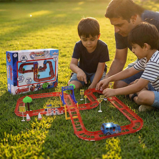 Avenger Theme Car Track Playset with Diecast Metal Car - 41 Piece Portable Racing Track Set for Kids Age 3+ - Customizable DIY Marvel Inspired Super Hero Race Track Toy - Battery Operated Action