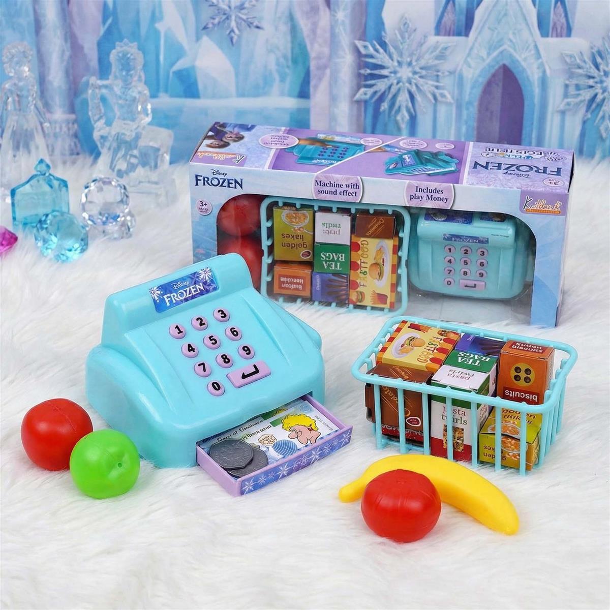 Disney Frozen Cash Register for Kids - 29 Pcs Pretend Play Set with Credit Card Scanner, Music & Sound Effects - Educational Math & Money Learning Toy for Girls & Boys 3+ Years - Turkish Blue