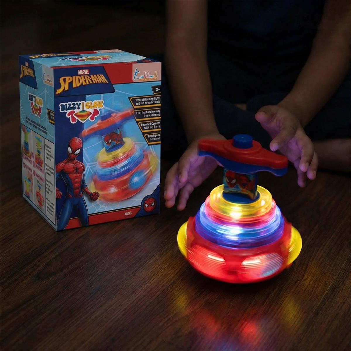Dizzy Glow Top - Spiderman Musical Spinning Toy with Vibrant Flashing Lights & 360 Degree Rotation, Safe Rounded Edges, Battery Operated Fun for Kids Aged 3+ Years - Blue