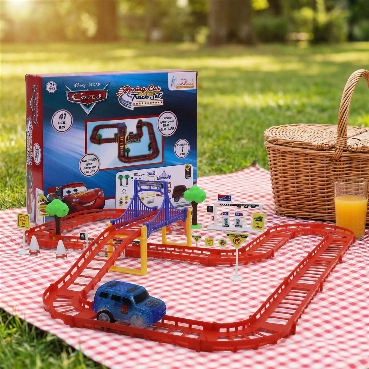 Disney Theme Cars Mini Track Set - 41 Piece Portable DIY Race Track Toy with Diecast Metal Toy Car, Realistic Miniature Collectible Racing Playset for Kids 3+ Years Old