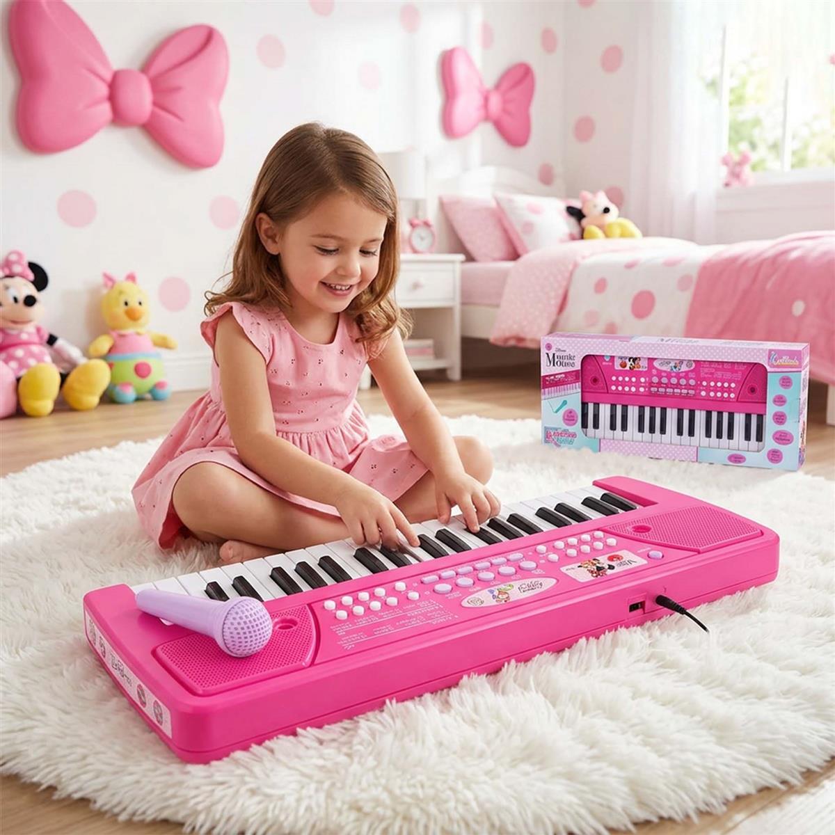 Minnie Keyboard Piano for Kids - 37 Keys Musical Toy with Microphone, 8 Rhythms, 8 Tones & USB Power - Educational Learning Instrument & Gift for Girls Ages 3+ (Pink)