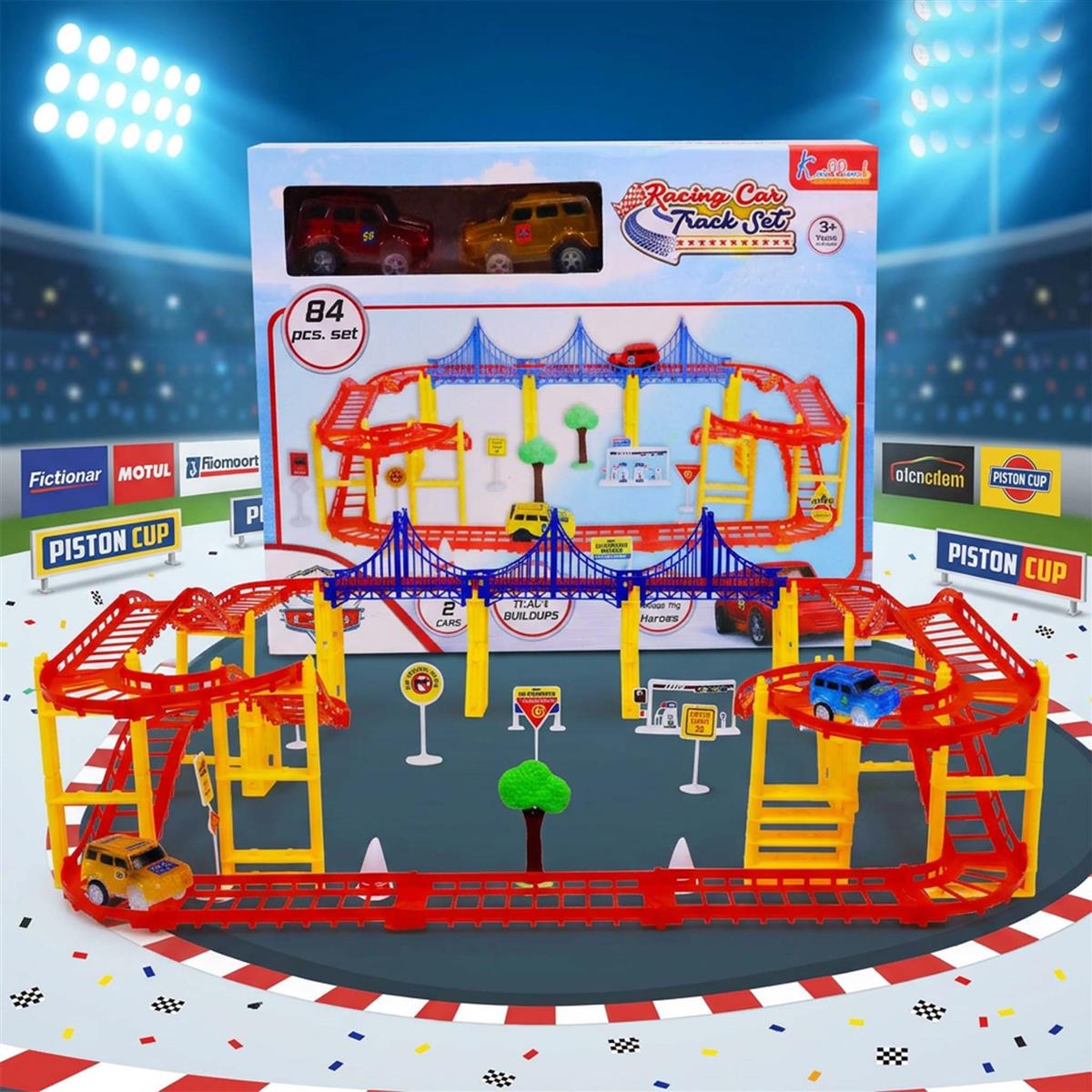 Car Track Medium (84 Pcs) Disney Cars Theme Race Track Set with 2 Diecast Cars, Bridges, Road Signs & Petrol Pump - Battery Operated DIY Racing Play Set for Kids 3+ Years