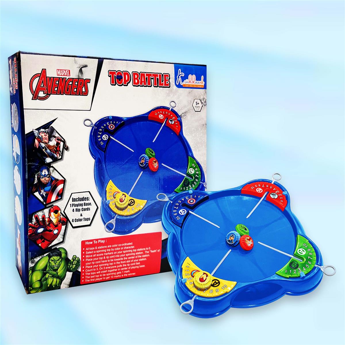 Kriiddaank Marvel Avengers Theme Spinning Top Battle Set - Includes 1 Arena Base, 4 Rip Cords & 4 Tops - Action-Packed Multiplayer Game for Kids 5+ - Perfect Superhero Gift for Boys & Girls