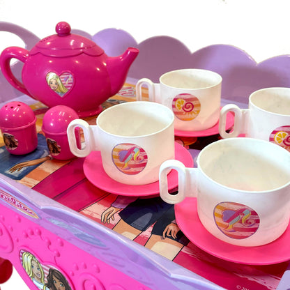 Kriiddaank TeaTrolleySet-BarbieThemeByMattelBarbie Tea Trolley SetBarbie Theme Tea Cart PlaysetBarbie Pretend Play Tea SetBarbie-themed tea cart with cups & accessoriesPortable Barbie tea trolley toy for pretend play