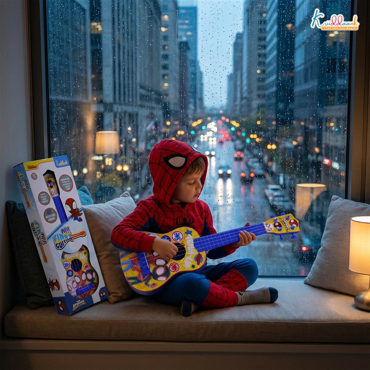 Spiderman Big Toy Guitar for Kids - 4 Adjustable Strings, Fingerstyle Tab & Pick - Portable Educational Musical Instrument Toy for Boys 3+ Years - Perfect Birthday Gift, Blue