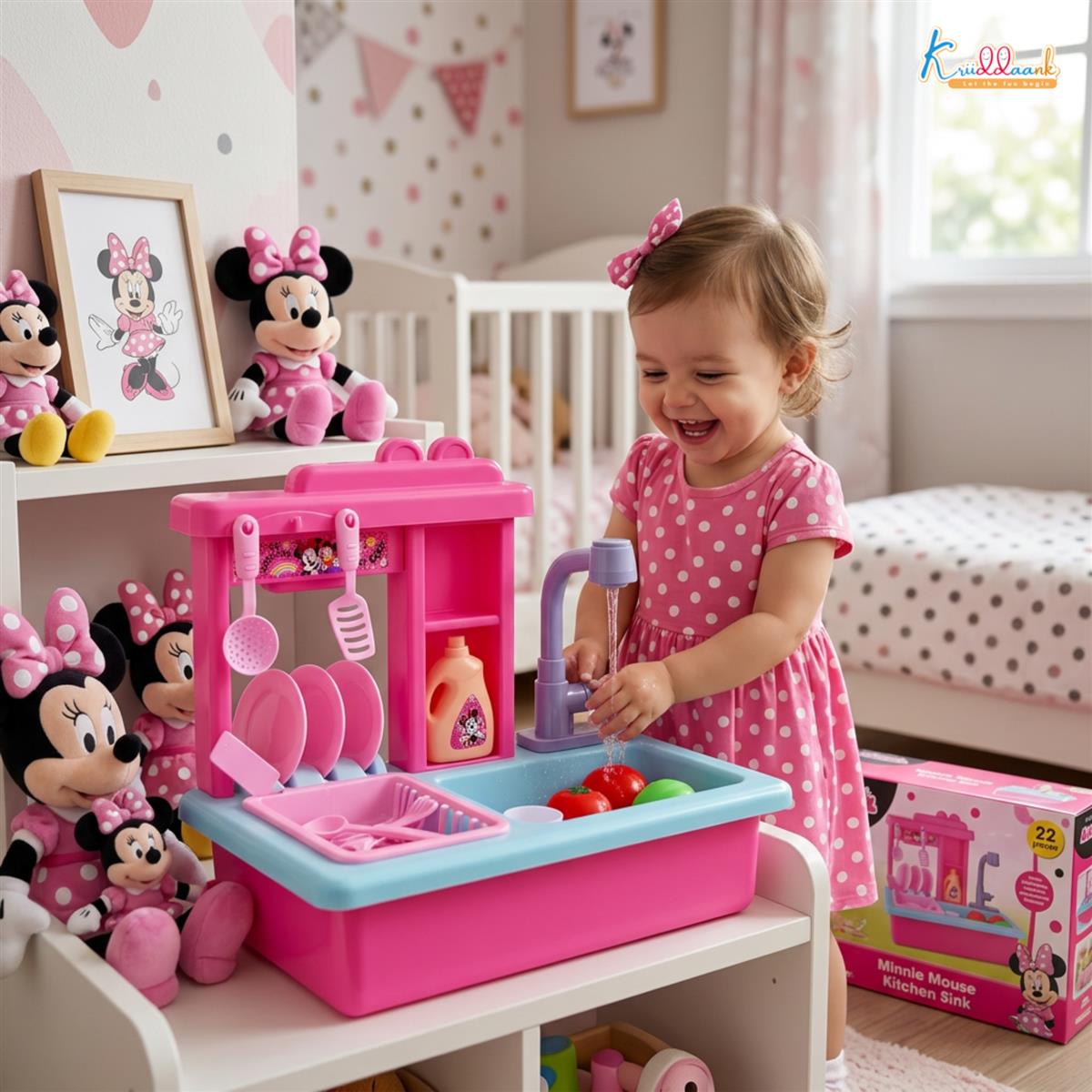 Kriiddaank Minnie Toy Kitchen Sink for Kids - Pretend Play Sink with Electric Faucet & Running Water, 22-Piece Kitchen Accessories Set, Pink Role Play Toy Set for Toddlers and Girls 3+ Years