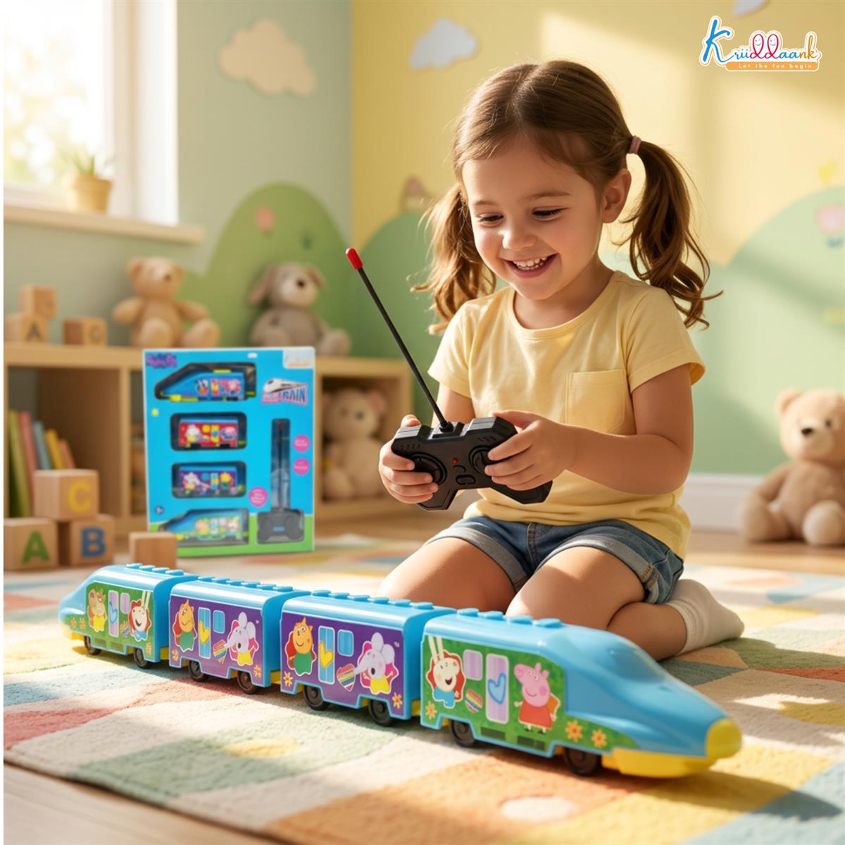 Kriiddaank Peppa Pig Theme RC Train Toy for Kids, Remote Control Express Train with Lights and Sounds, Rechargeable EMU Model Train for Boys & Girls Ages 3+, Light Blue