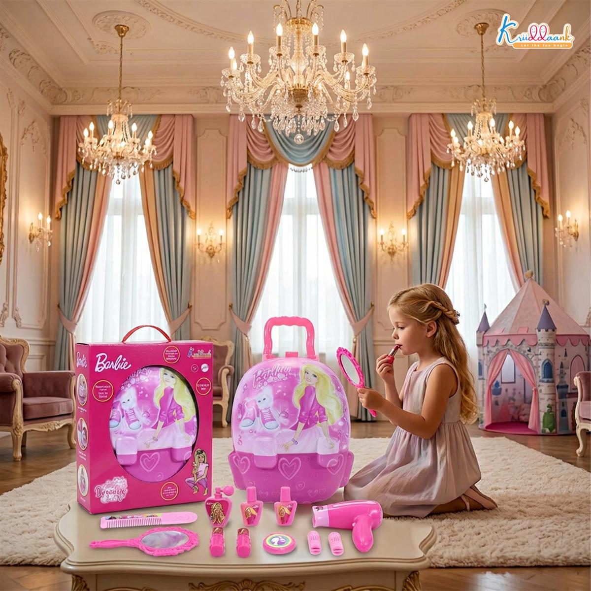Barbie Backpack Dressing Gift Set for Kids - 2-in-1 Portable Pretend Play Makeup & Vanity Set with Electronic Dryer, 13+ Accessories, Safe & Durable Educational Toy for Girls Ages 3+