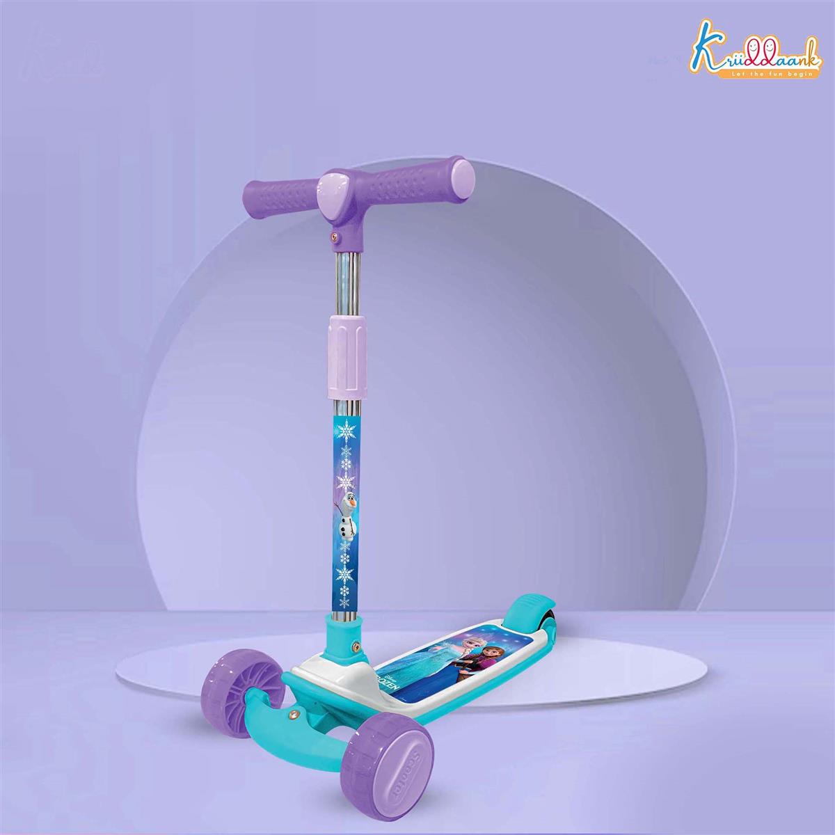 Kriiddaank Disney Frozen Adventure 3-Wheel Kick Scooter for Kids (3+ Years) - LED Light Up Wheels, Music, 3-Level Adjustable Height, Foldable Design, Anti-Slip Deck - 25kg Capacity, Turkish Blue