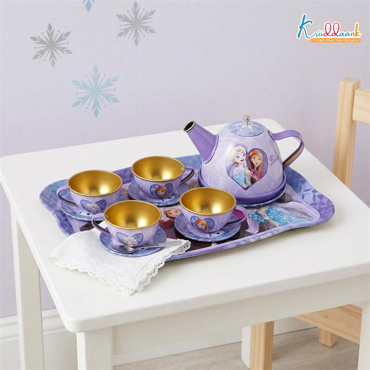Disney Frozen Elsa & Anna 14-Piece Tin Plate Tea Set for Girls - Fun Pretend Play Tea Party Toy - Durable, Lightweight & Safe Role Play Kit for Kids, Ages 3+