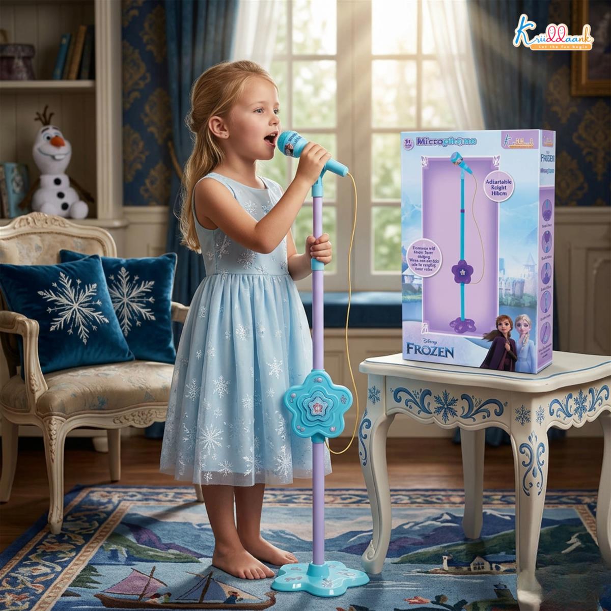 Kriiddaank Frozen Theme Karaoke Microphone with Adjustable Stand for Kids - Elsa & Anna Portable Wireless Singing Toy, Bluetooth & USB Connectivity, Educational Music Toy for Girls & Boys Ages 3+